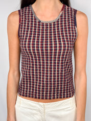 2000s Burgundy Seersucker Check Sleeveless Top - S