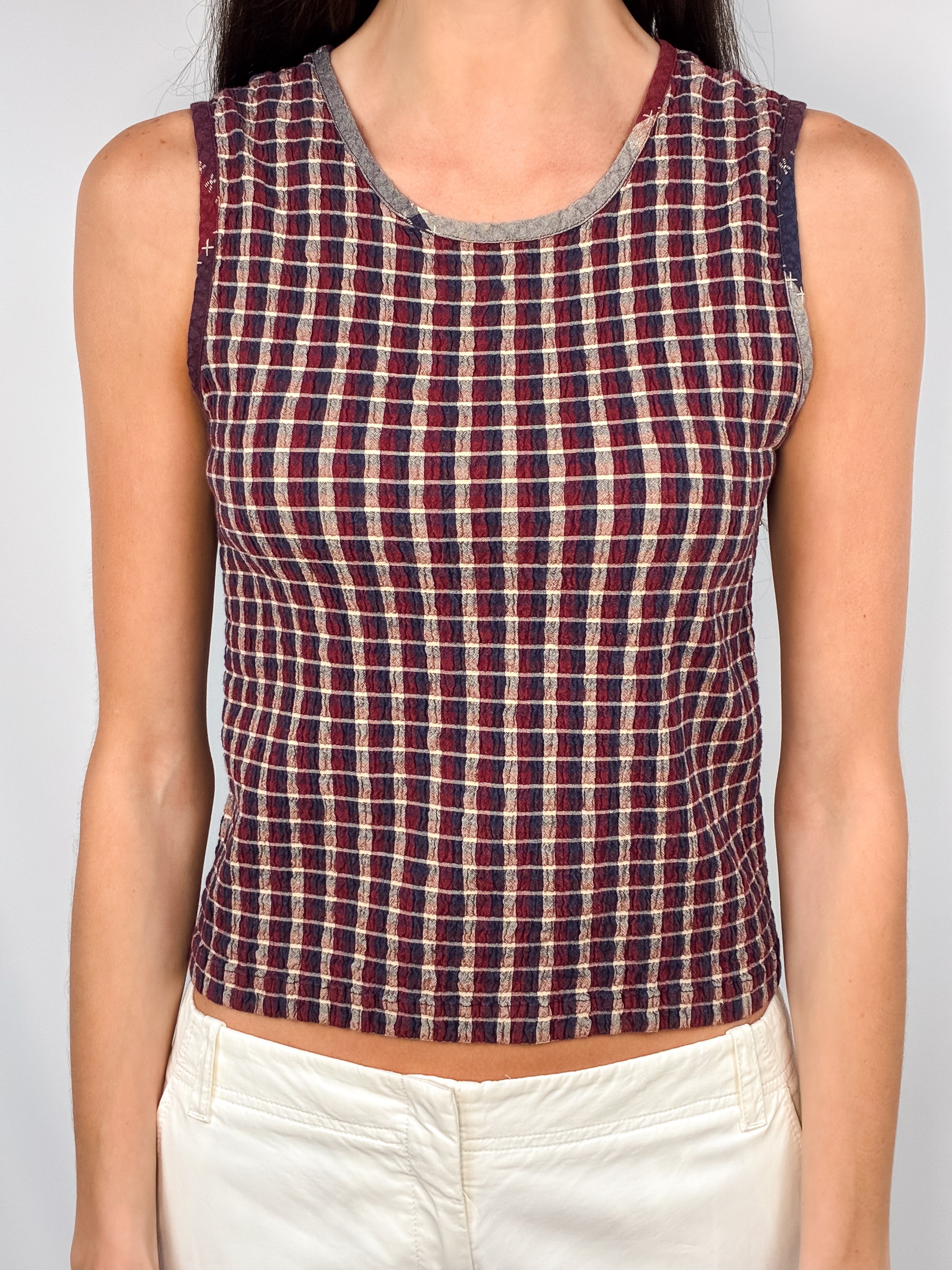 2000s Burgundy Seersucker Check Sleeveless Top - S