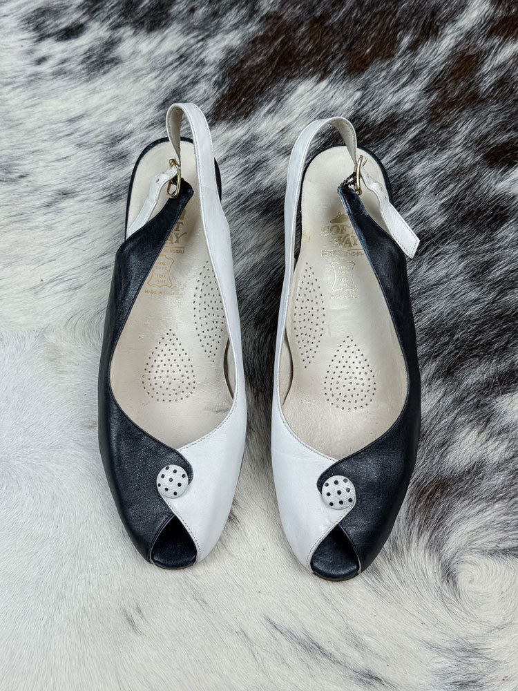 1970s Black & White Leather Peep-Toe Slingback Heels
