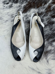1970s Black & White Leather Peep-Toe Slingback Heels