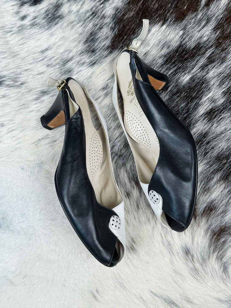 1970s Black & White Leather Peep-Toe Slingback Heels