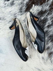 1970s Black & White Leather Peep-Toe Slingback Heels