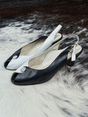 1970s Black & White Leather Peep-Toe Slingback Heels