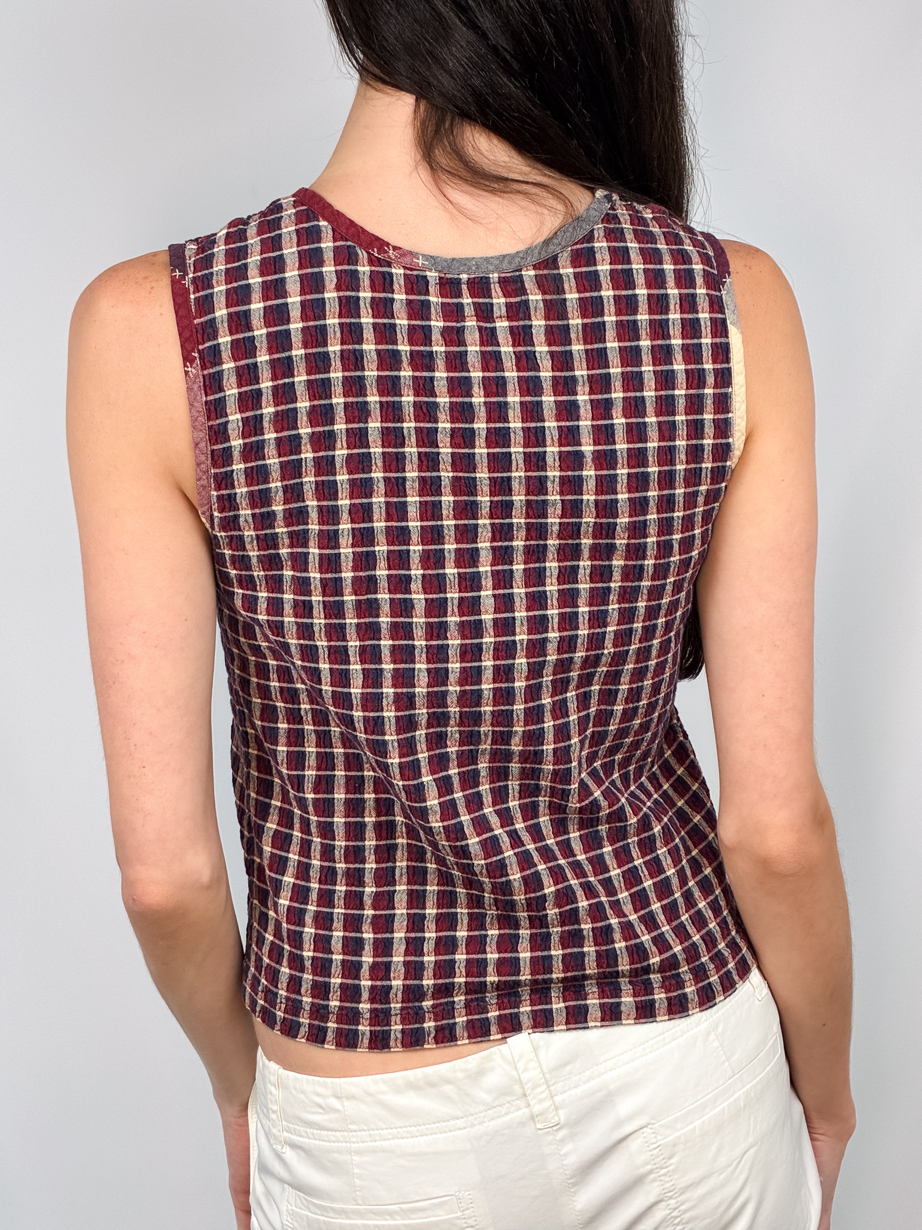 2000s Burgundy Seersucker Check Sleeveless Top - S
