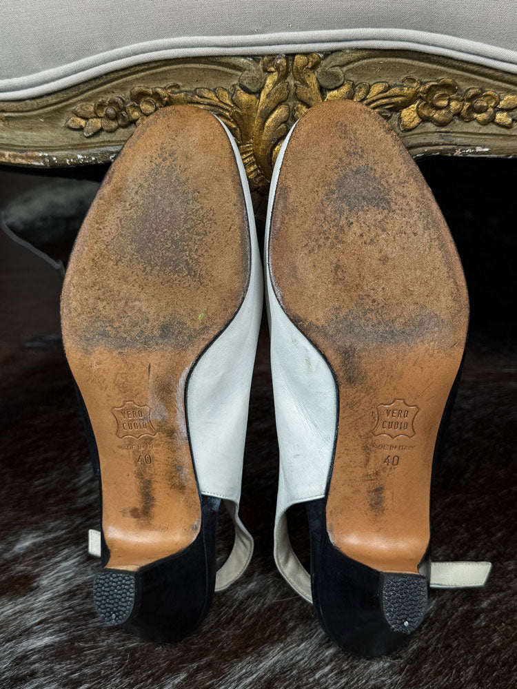 1970s Black & White Leather Peep-Toe Slingback Heels