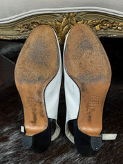1970s Black & White Leather Peep-Toe Slingback Heels