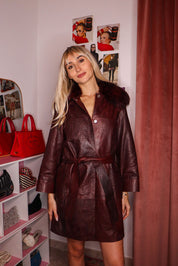 Dolce & Gabbana Burgundy Leather Coat with Fox Fur Collar