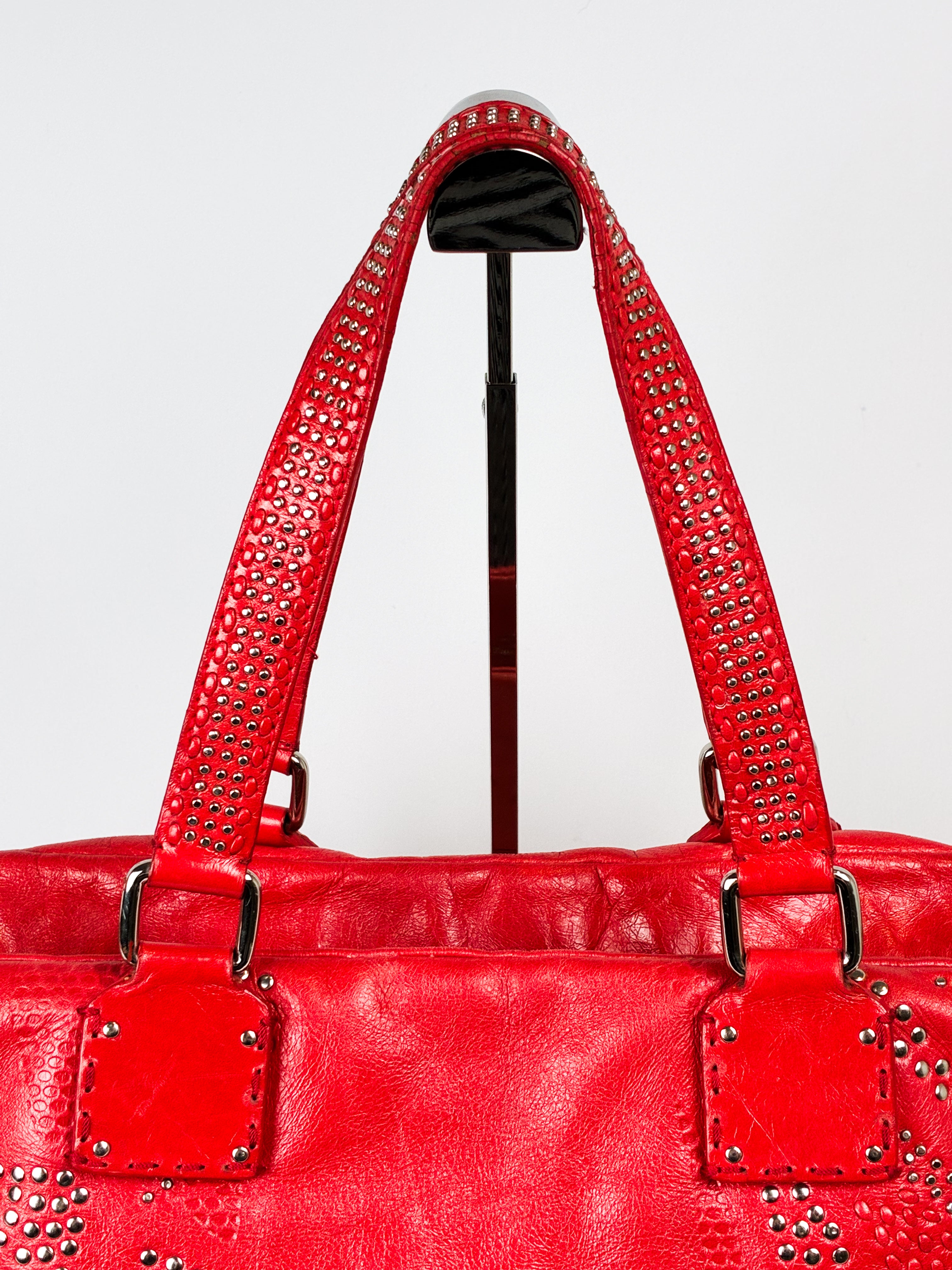 Francesco Biasia 2000s Red Studded Leather Bowling Bag