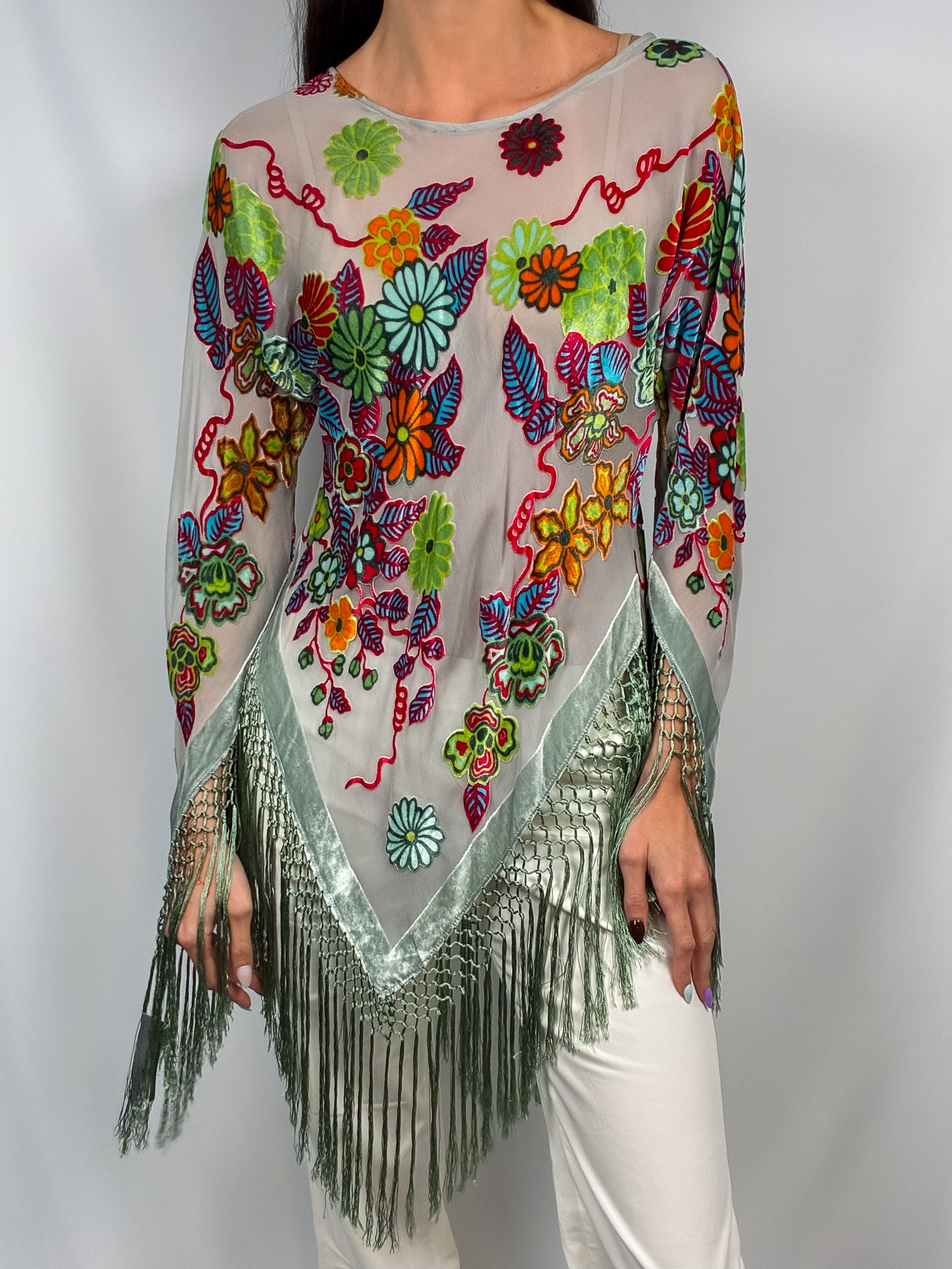 Aris. A 2000s Floral Velvet Burnout Fringe Poncho - OS