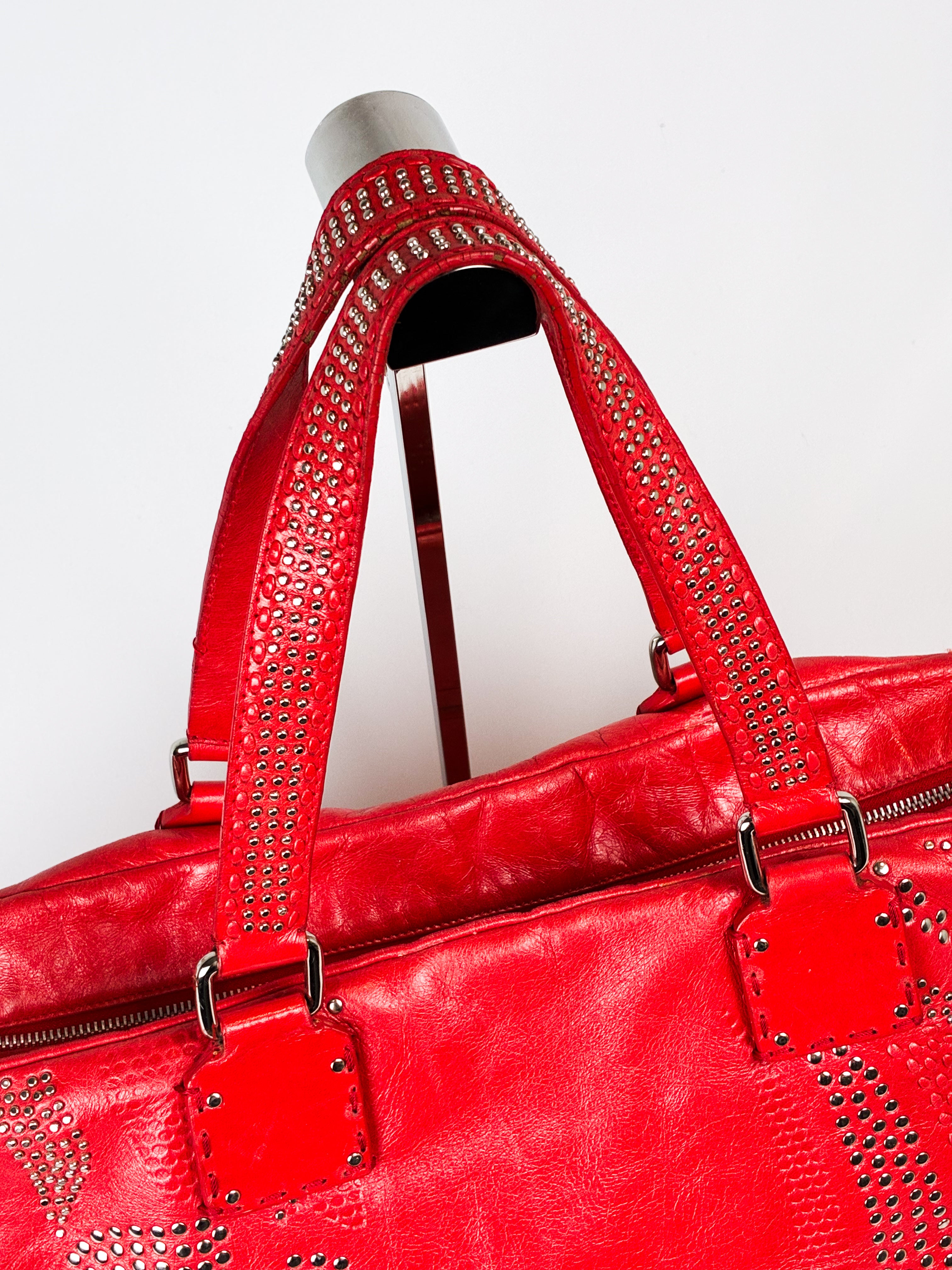 Francesco Biasia 2000s Red Studded Leather Bowling Bag