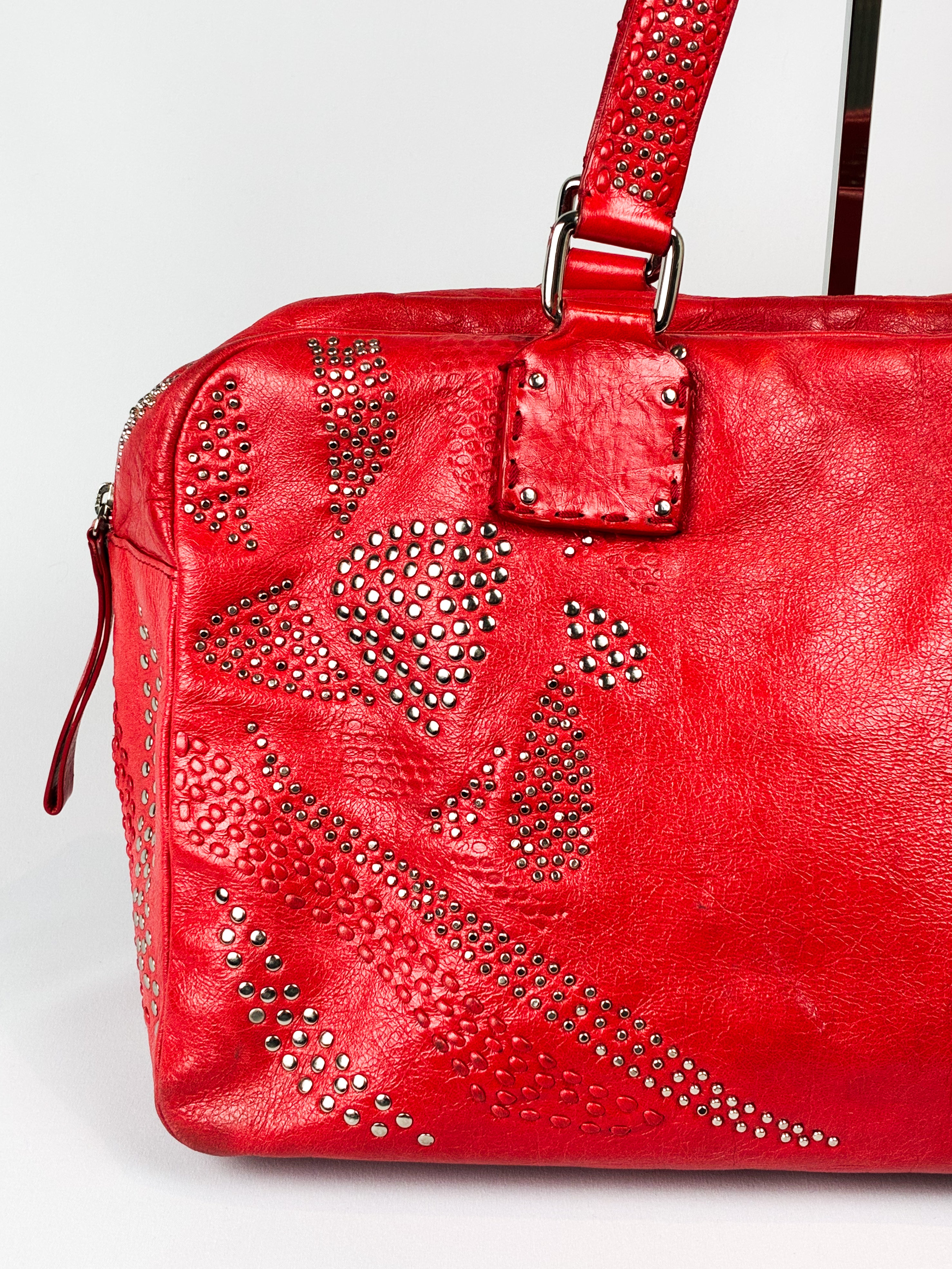 Francesco Biasia 2000s Red Studded Leather Bowling Bag