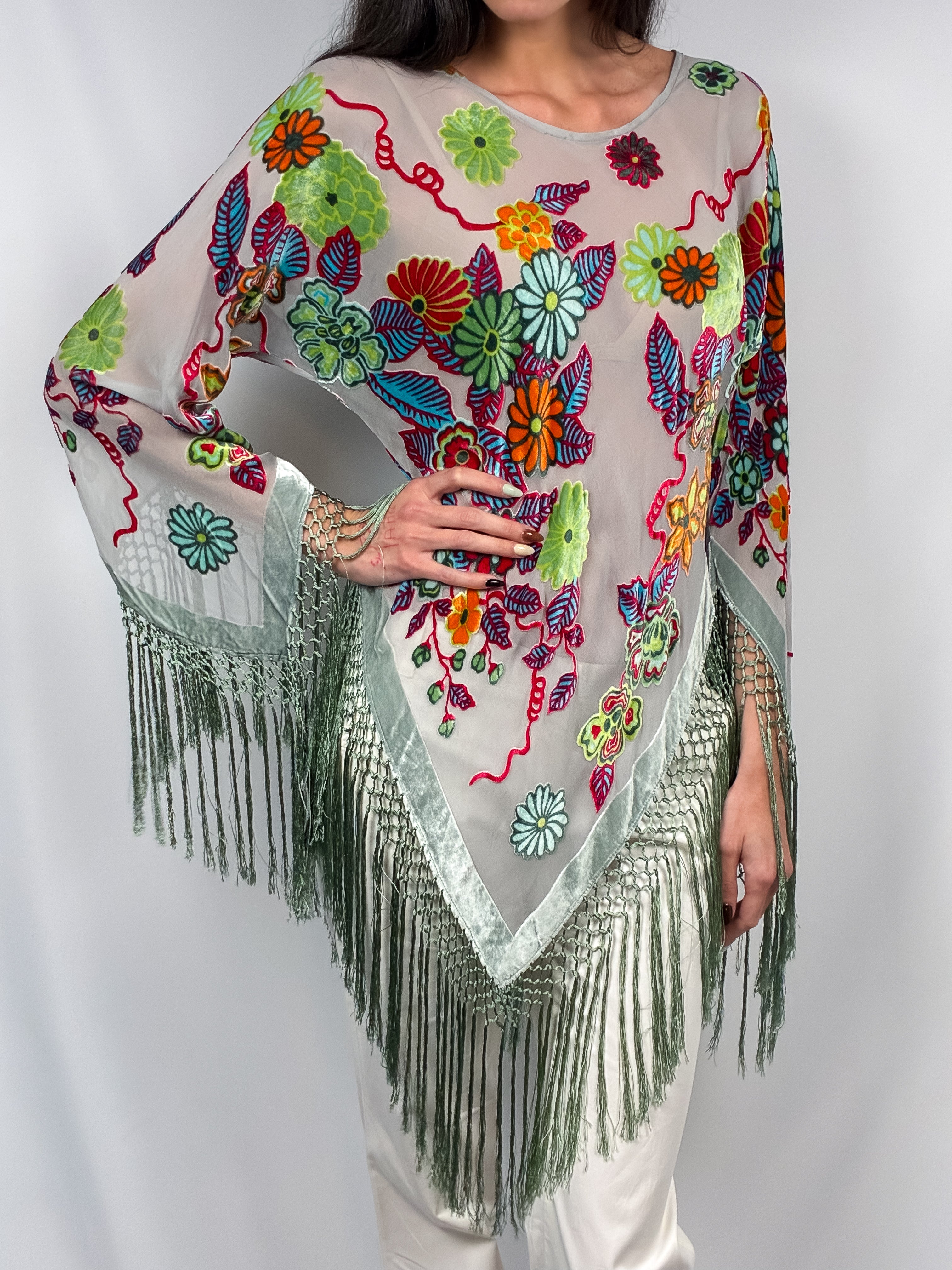 Aris. A 2000s Floral Velvet Burnout Fringe Poncho - OS