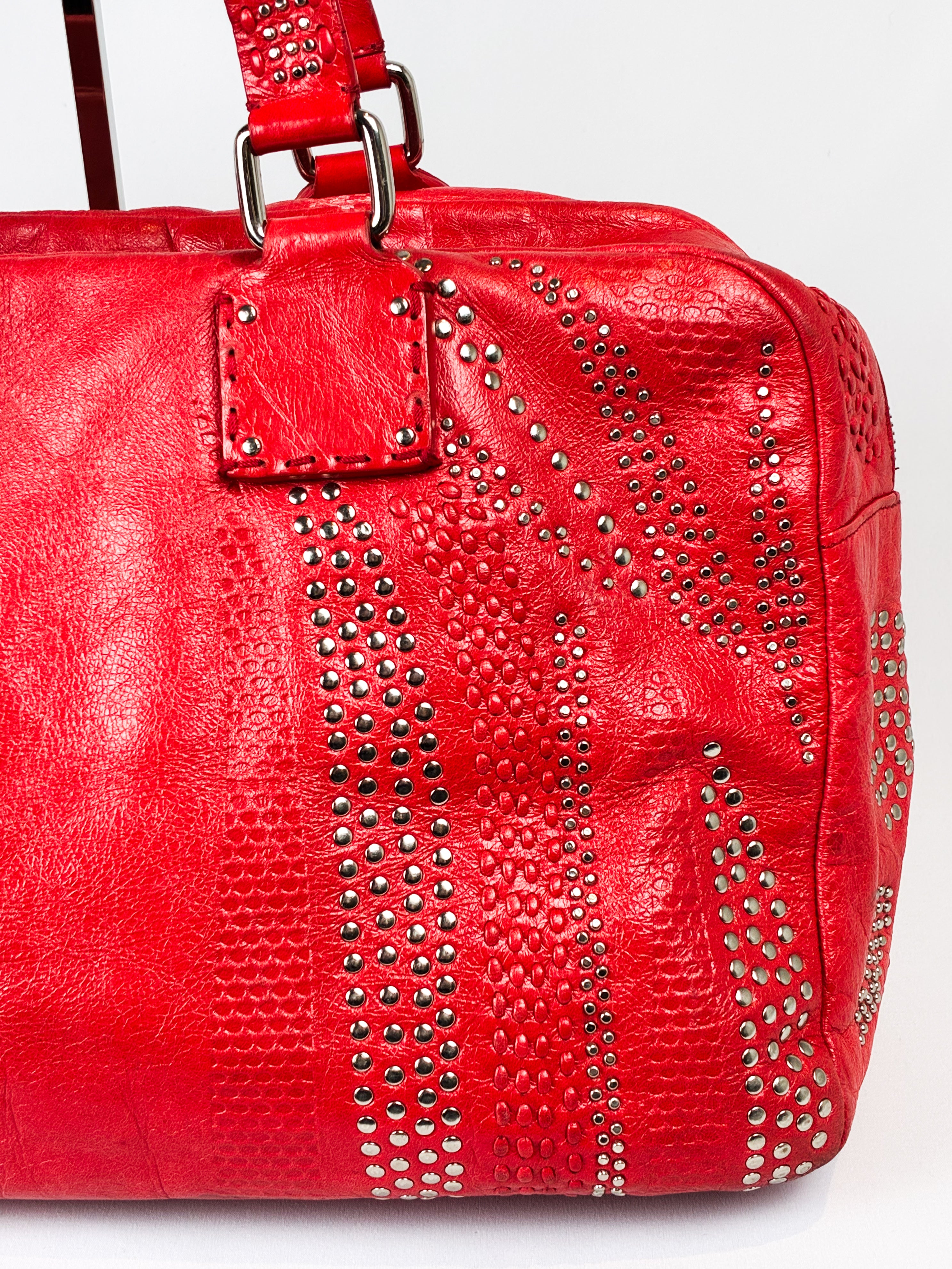 Francesco Biasia 2000s Red Studded Leather Bowling Bag