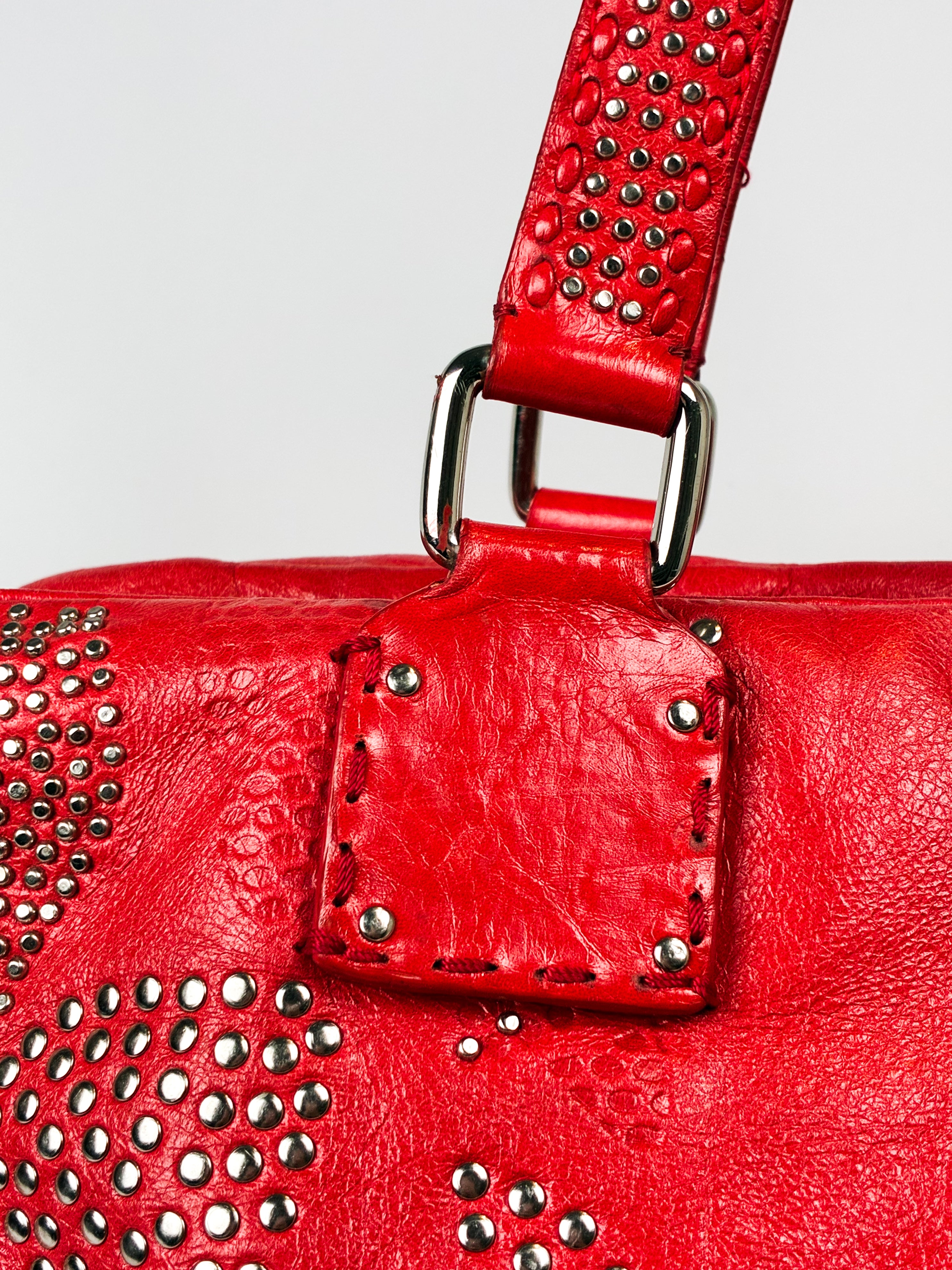 Francesco Biasia 2000s Red Studded Leather Bowling Bag