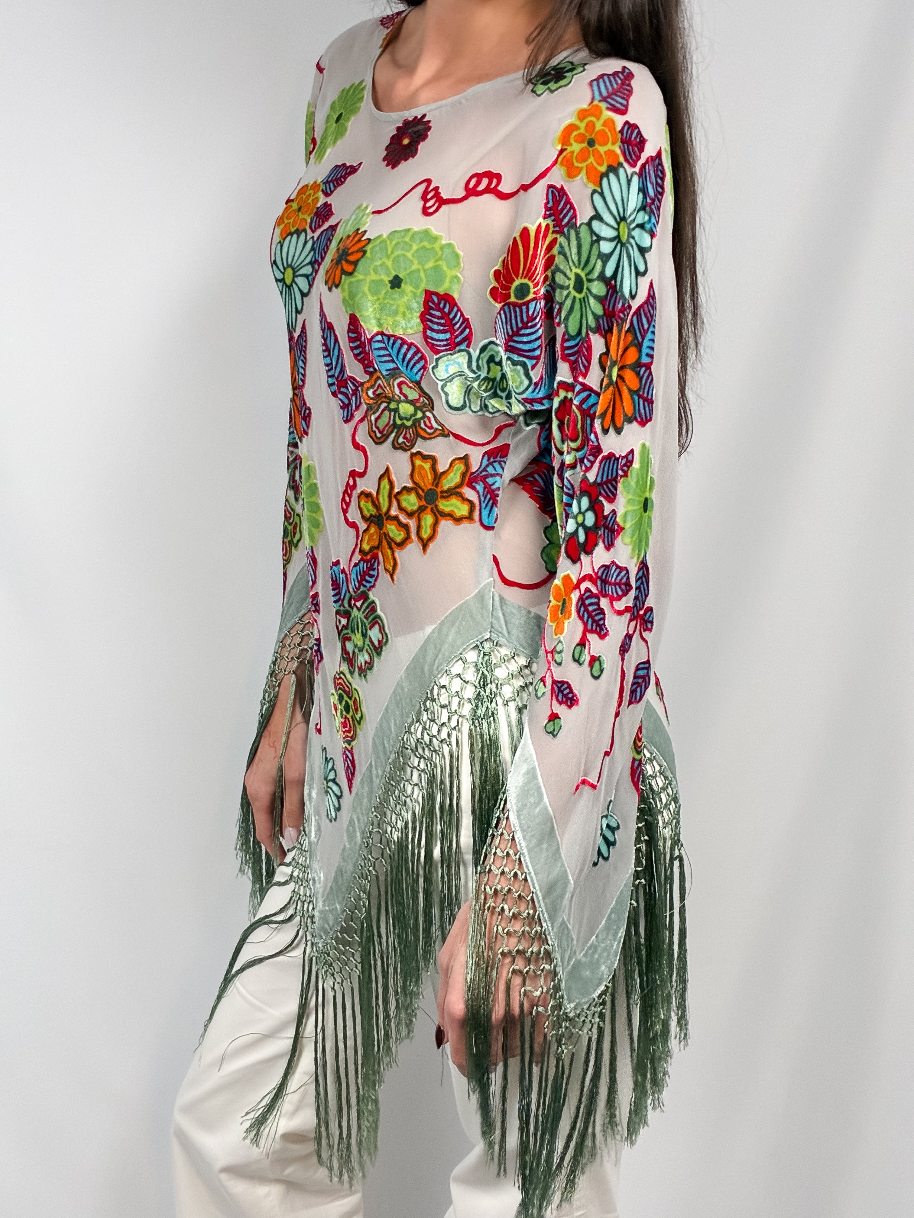 Aris. A 2000s Floral Velvet Burnout Fringe Poncho - OS
