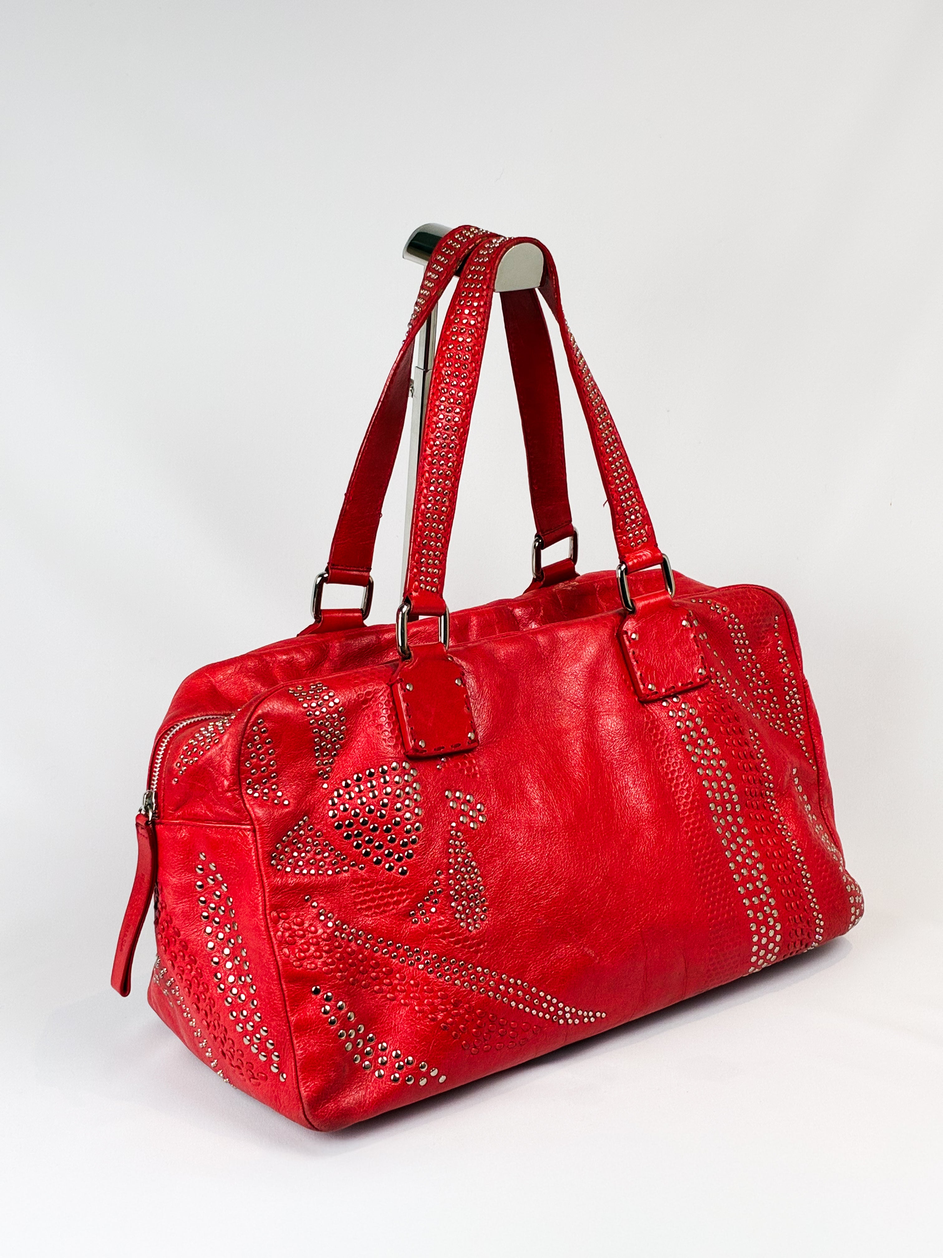 Francesco Biasia 2000s Red Studded Leather Bowling Bag