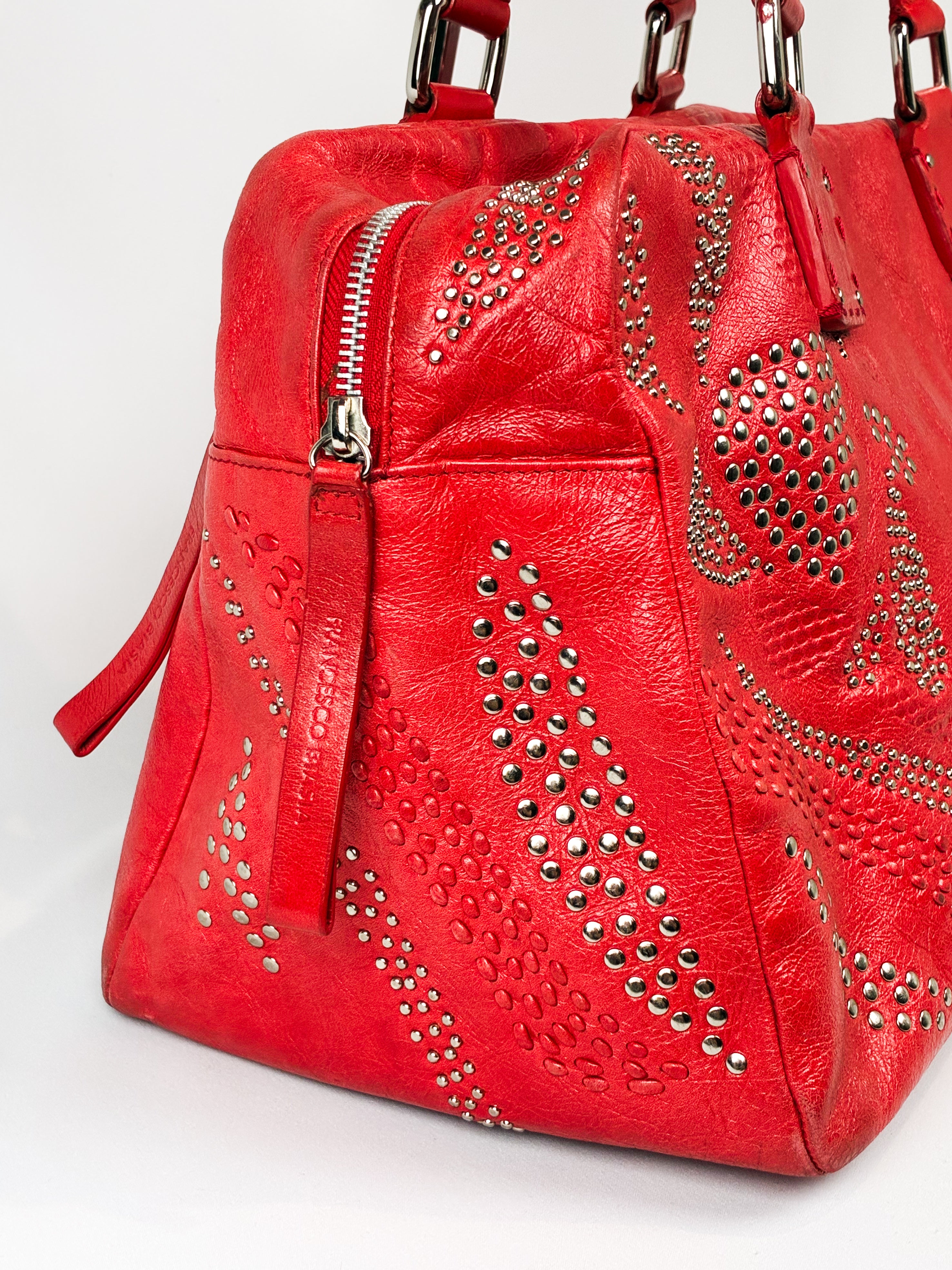 Francesco Biasia 2000s Red Studded Leather Bowling Bag