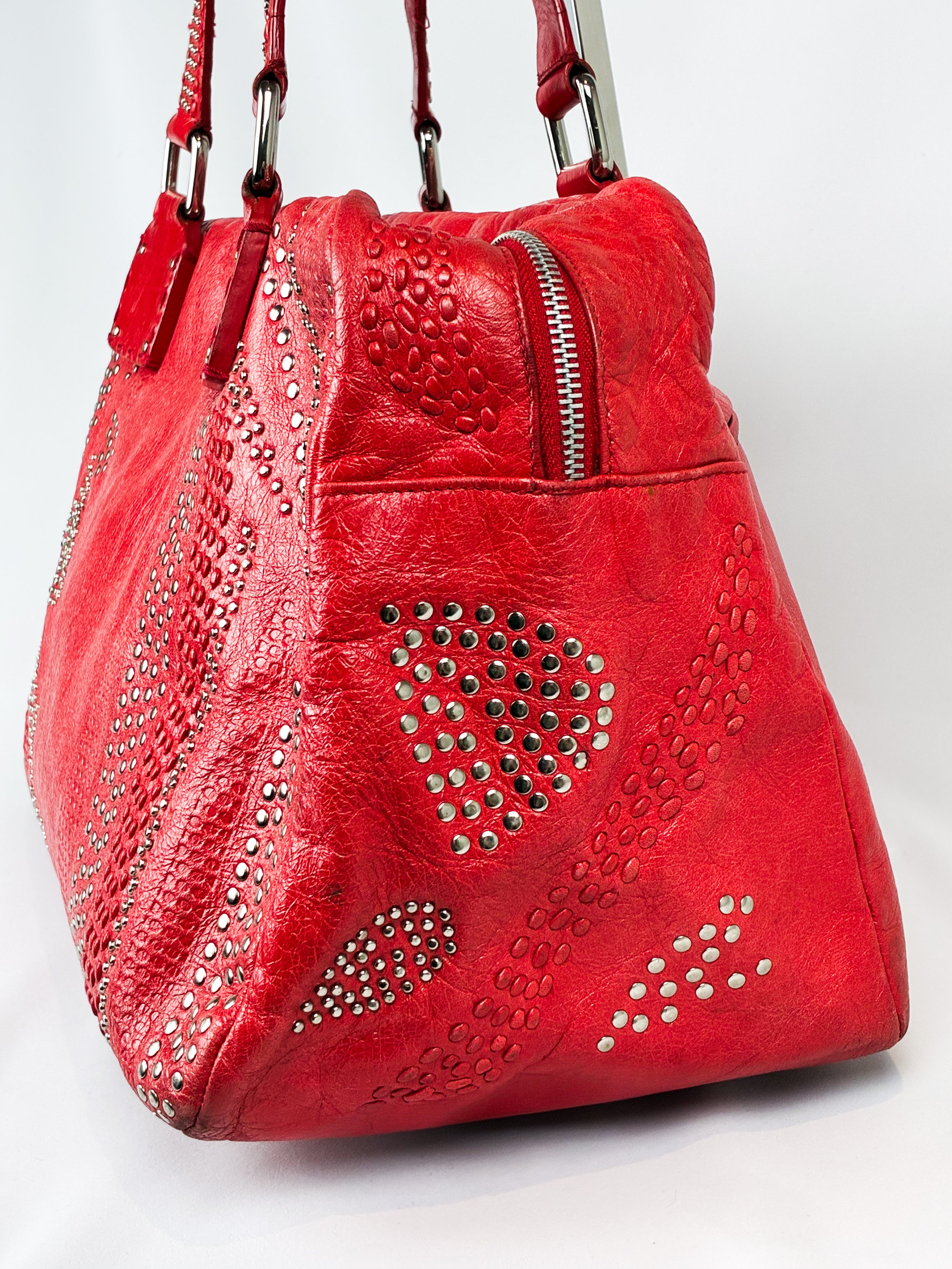 Francesco Biasia 2000s Red Studded Leather Bowling Bag