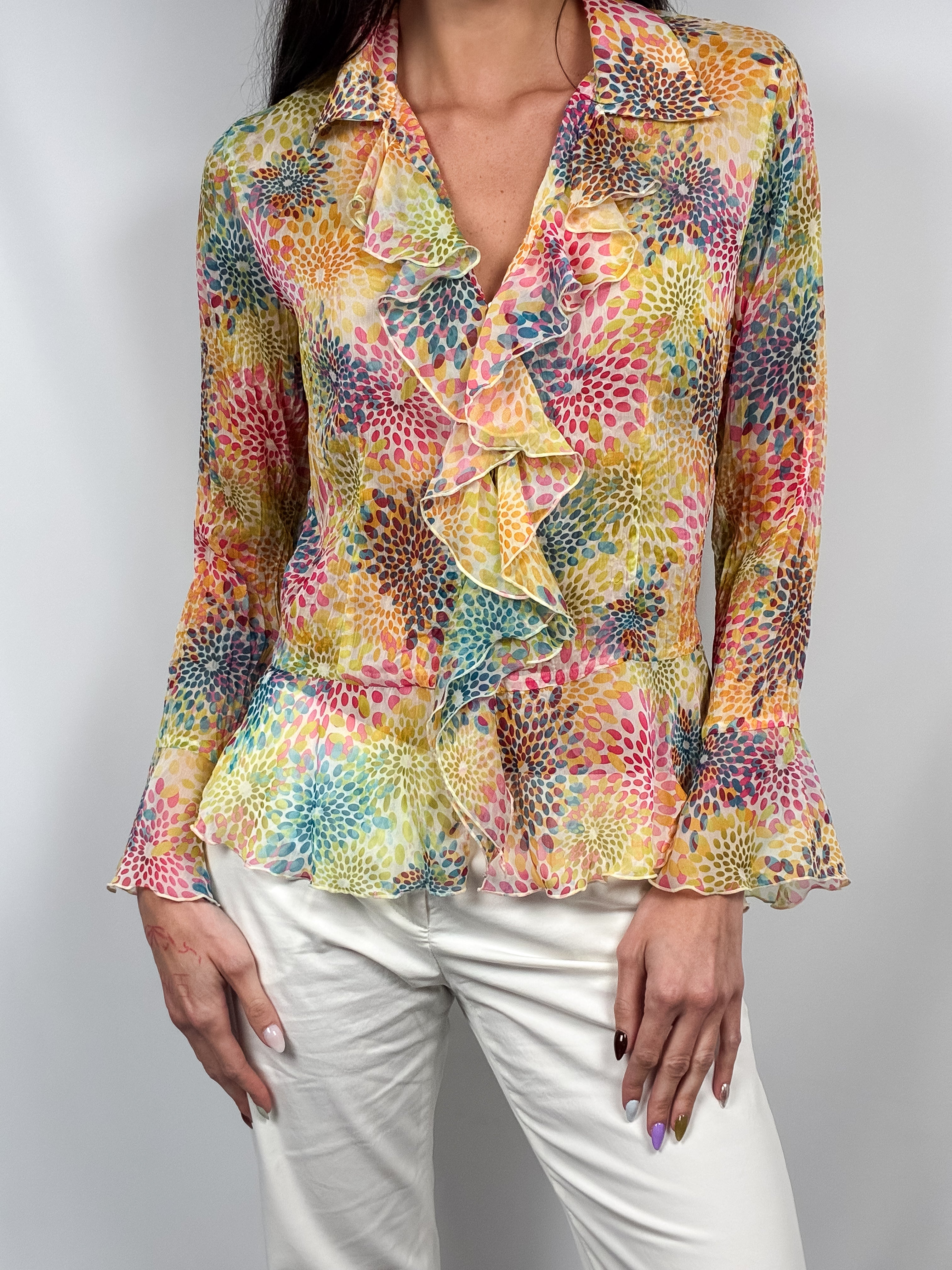 2000s Multicolor Floral Chiffon Ruffle Blouse - S/M