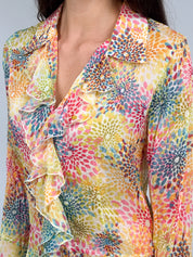 2000s Multicolor Floral Chiffon Ruffle Blouse - S/M