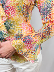 2000s Multicolor Floral Chiffon Ruffle Blouse - S/M