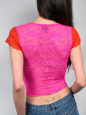 Bazar de Christian Lacroix 2000s Orange & Pink Floral Lace Top - S/M