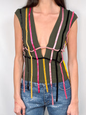 Miss Sixty 2000s Olive Multicolor Ribbon Deep V Top - XS/S