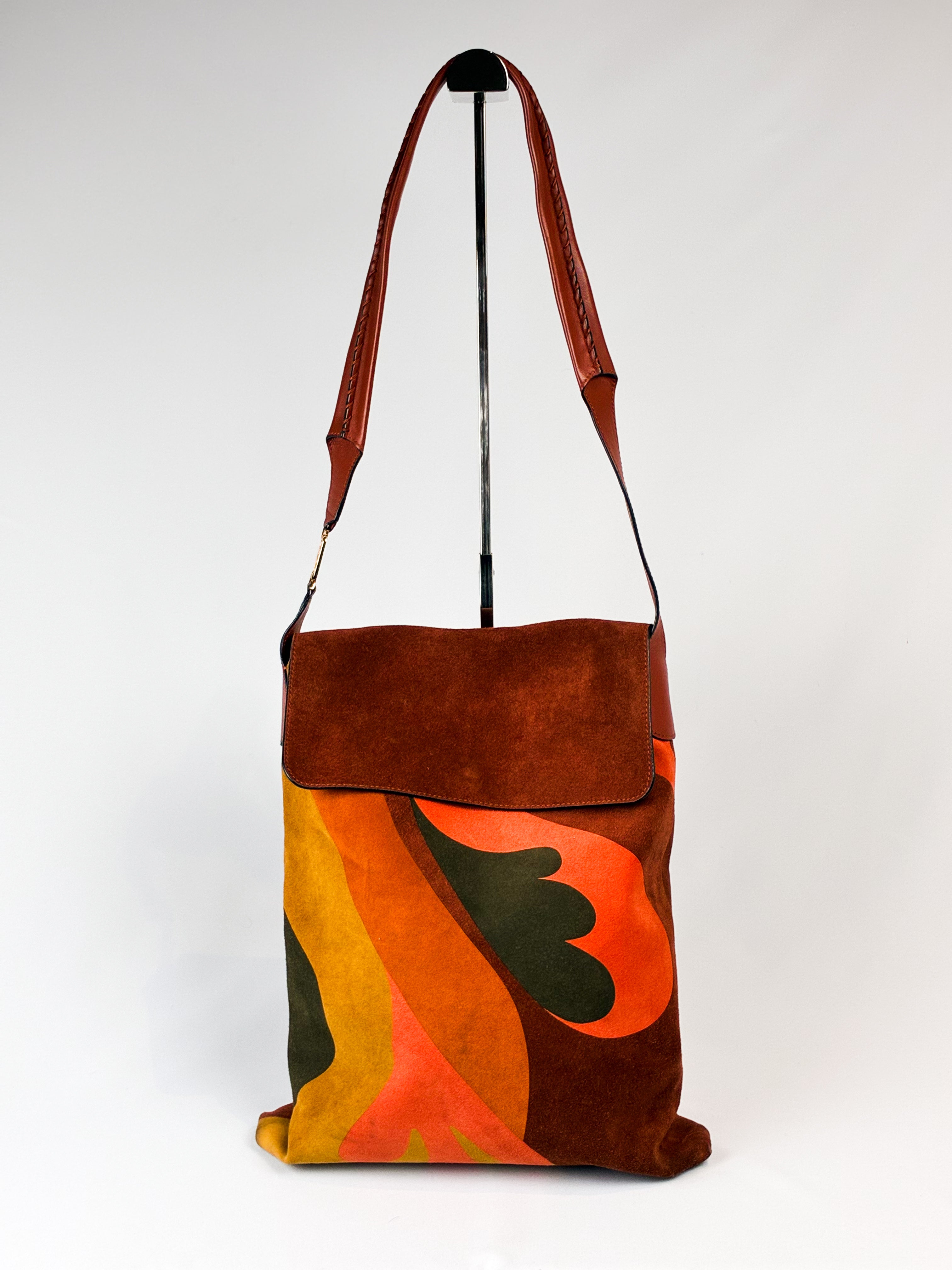 Alberta Ferretti 2000s Rust Suede Psychedelic Swirl Shoulder Bag
