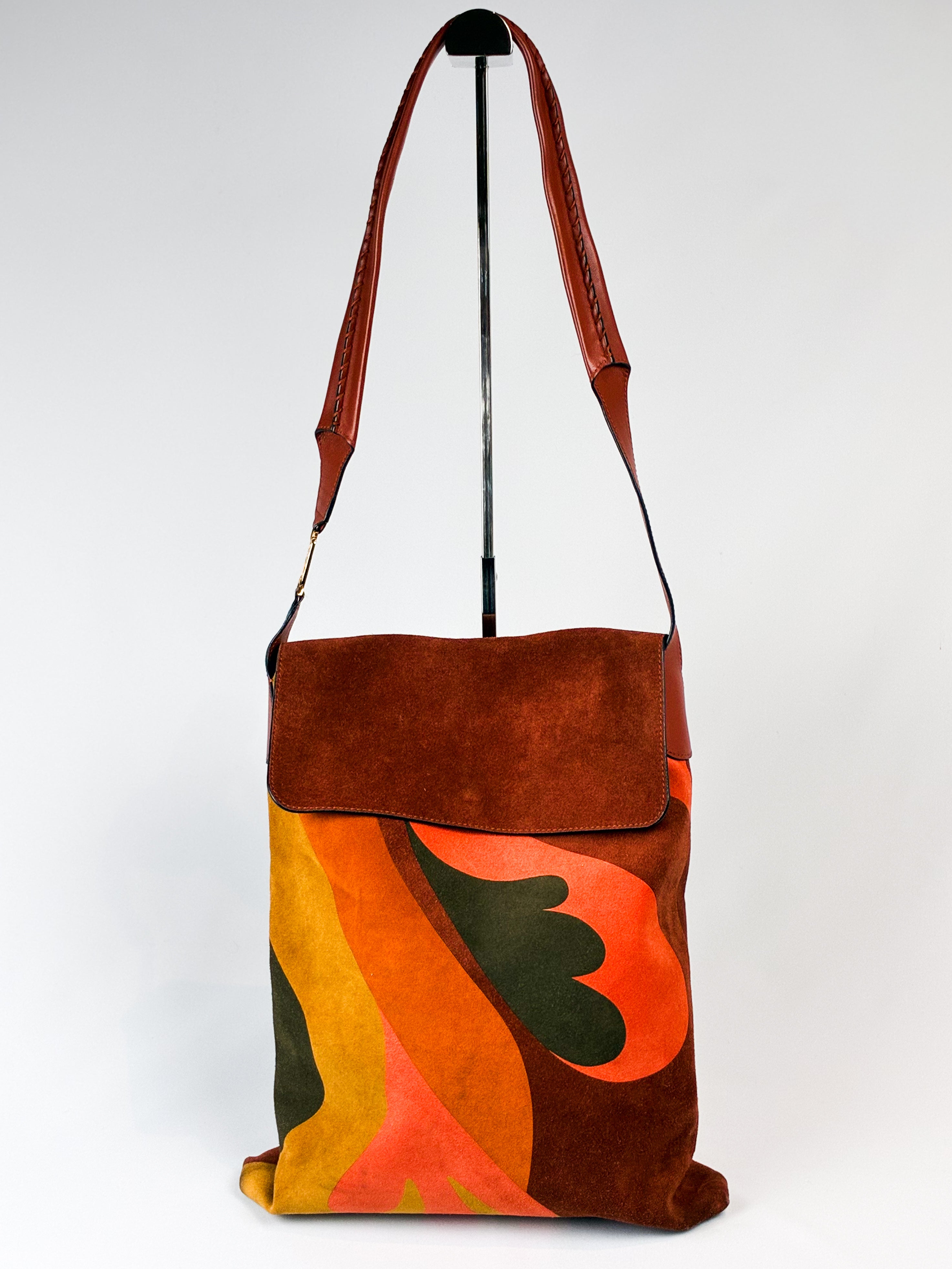 Alberta Ferretti 2000s Rust Suede Psychedelic Swirl Shoulder Bag