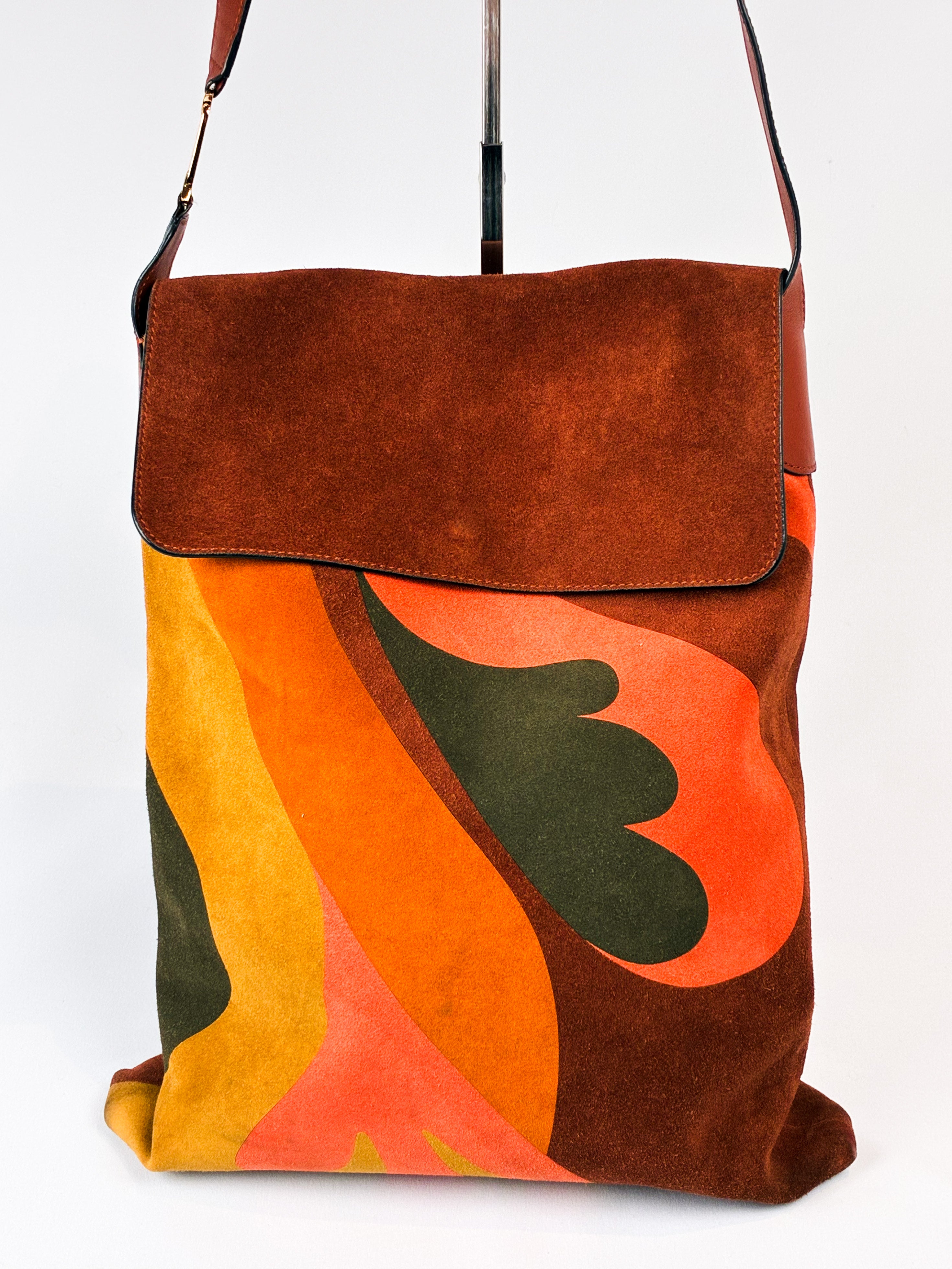 Alberta Ferretti 2000s Rust Suede Psychedelic Swirl Shoulder Bag