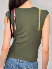 Miss Sixty 2000s Olive Multicolor Ribbon Deep V Top - XS/S