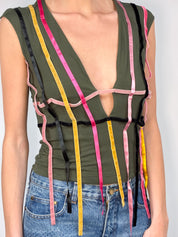 Miss Sixty 2000s Olive Multicolor Ribbon Deep V Top - XS/S