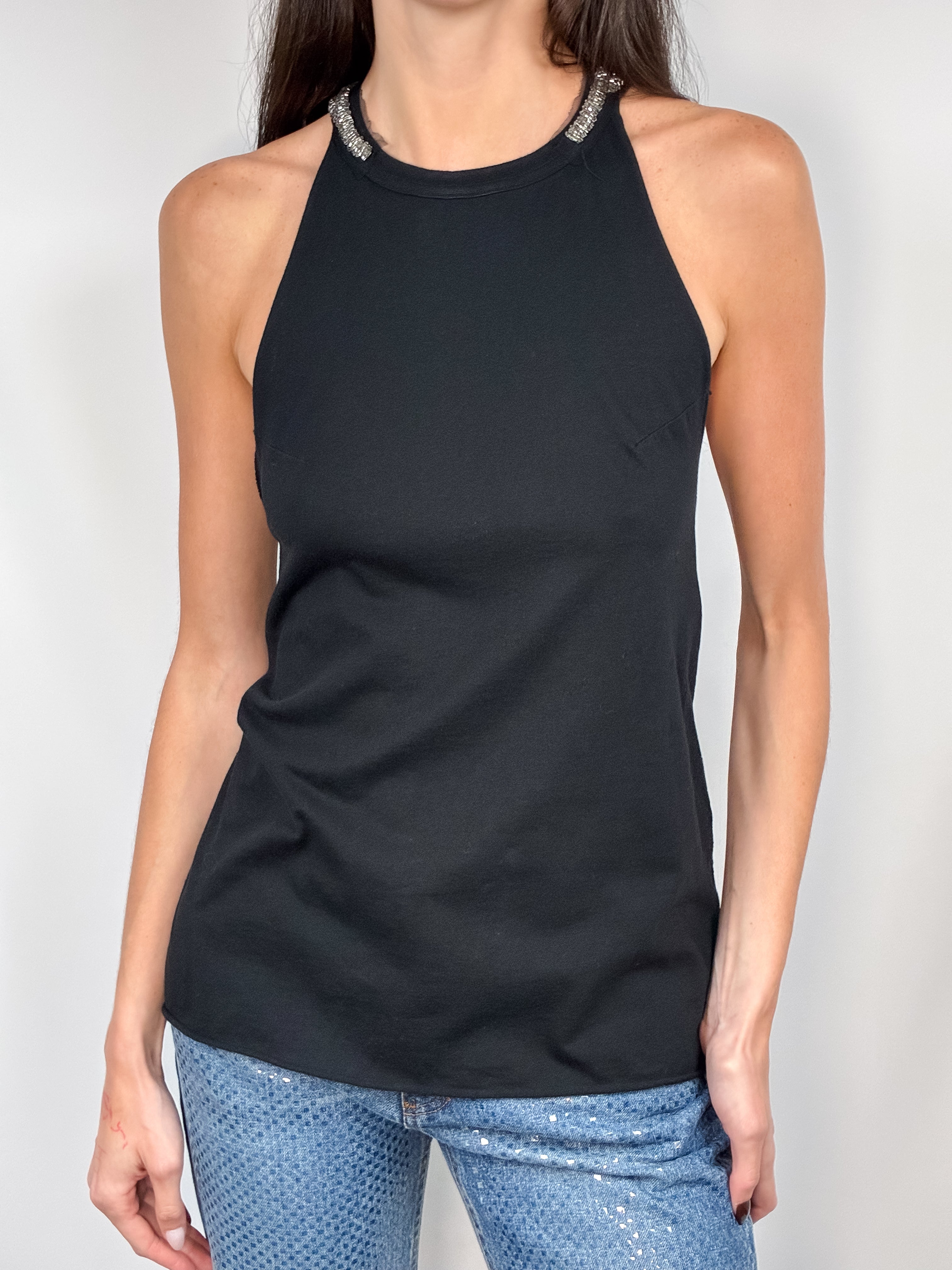 Fornarina 2000s Black Beaded Racerback Tank - S/M