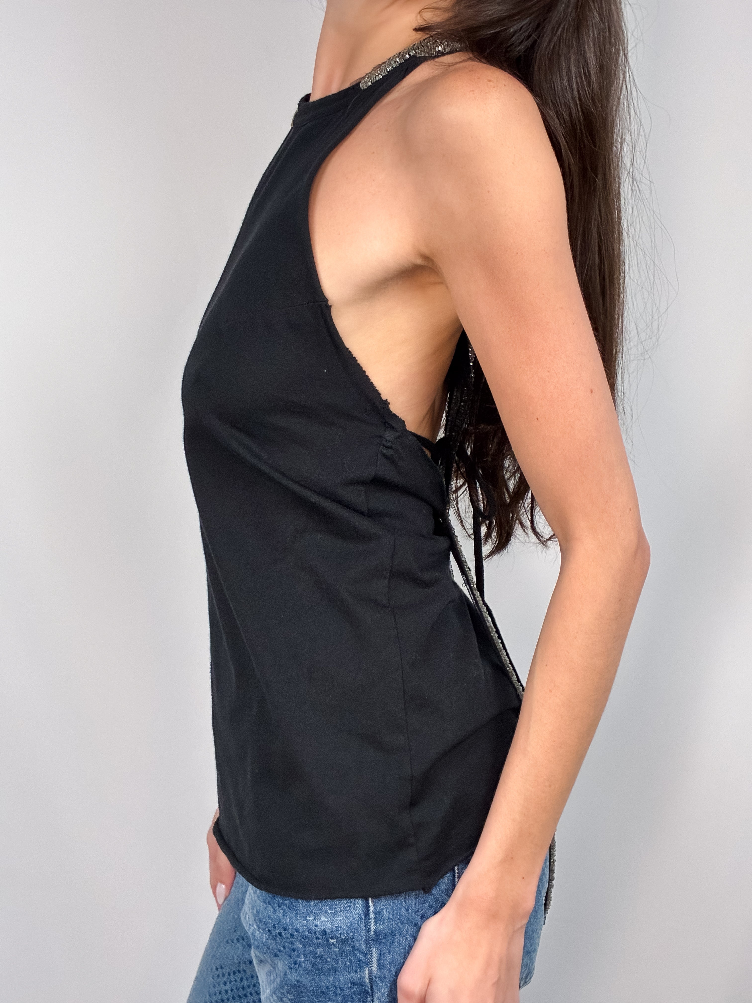 Fornarina 2000s Black Beaded Racerback Tank - S/M