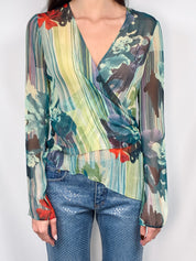 Bazar de Christian Lacroix 2000s Watercolor Floral Silk Wrap Top - S/M