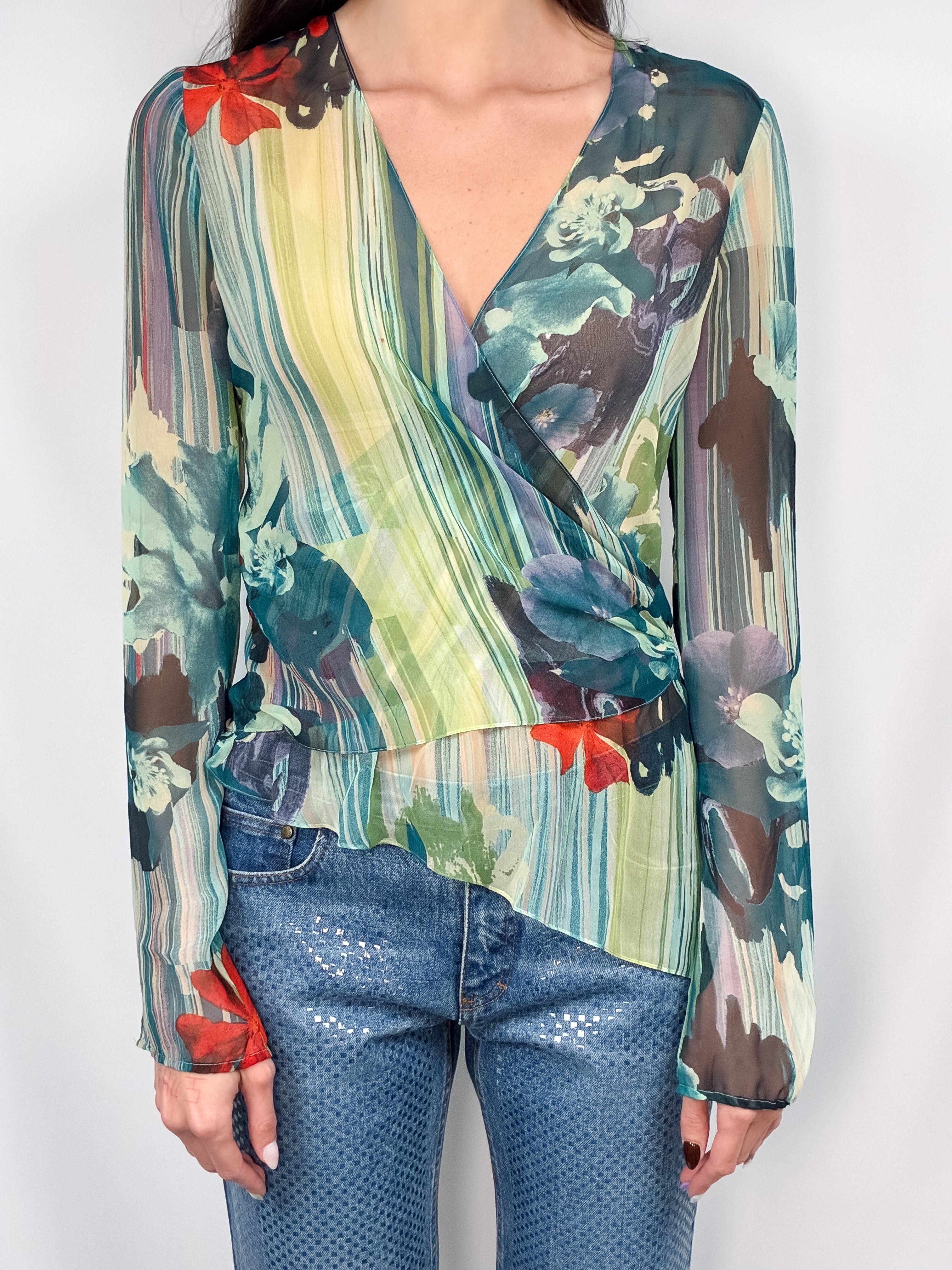 Bazar de Christian Lacroix 2000s Watercolor Floral Silk Wrap Top - S/M