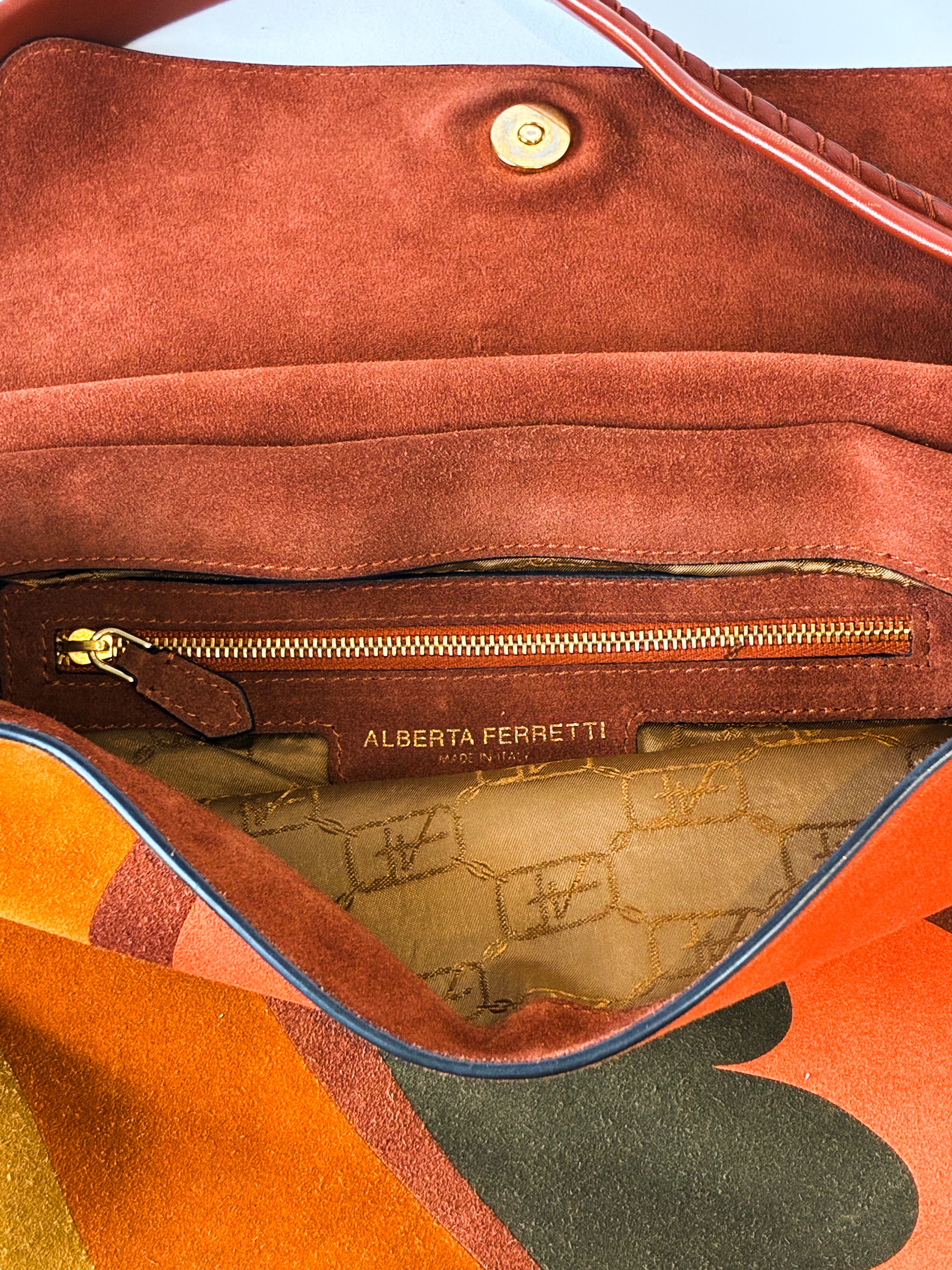 Alberta Ferretti 2000s Rust Suede Psychedelic Swirl Shoulder Bag