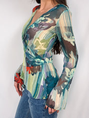 Bazar de Christian Lacroix 2000s Watercolor Floral Silk Wrap Top - S/M