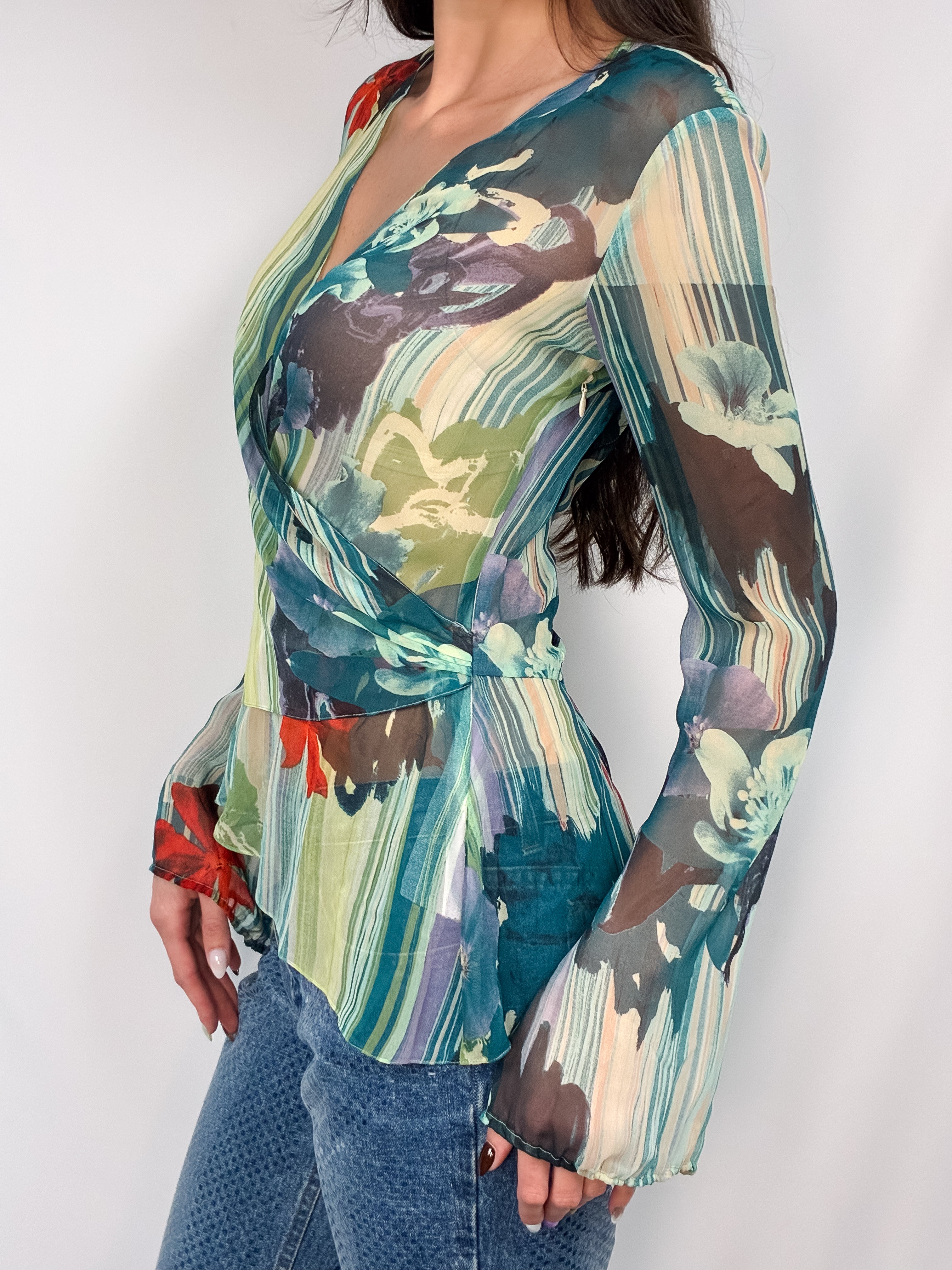 Bazar de Christian Lacroix 2000s Watercolor Floral Silk Wrap Top - S/M