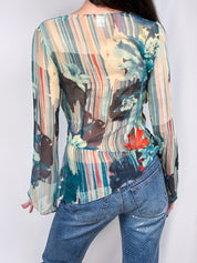Bazar de Christian Lacroix 2000s Watercolor Floral Silk Wrap Top - S/M