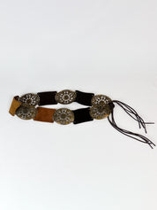 2000s Brass Filigree Medallion Leather Panel Belt - OS