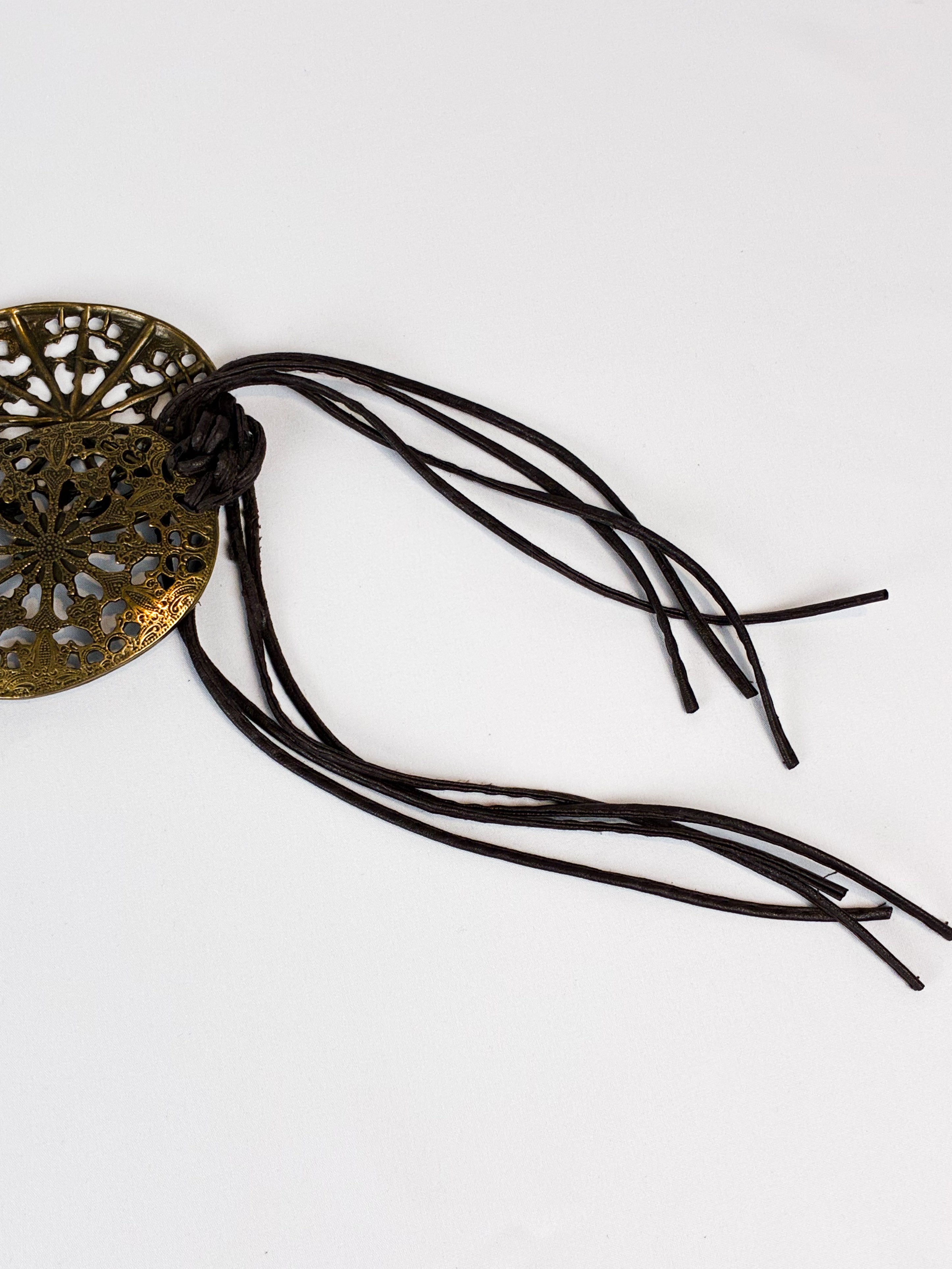 2000s Brass Filigree Medallion Leather Panel Belt - OS