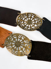 2000s Brass Filigree Medallion Leather Panel Belt - OS