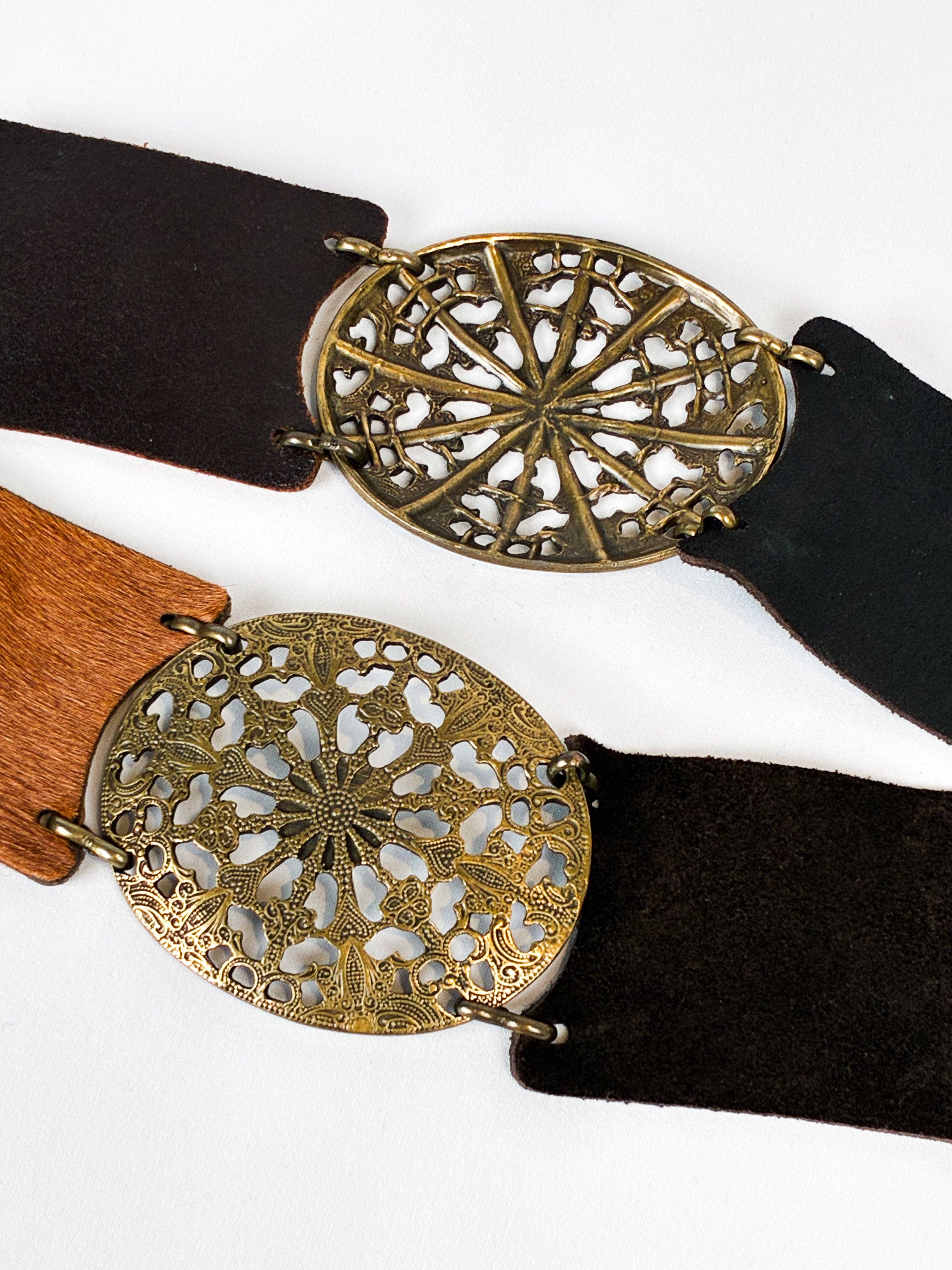 2000s Brass Filigree Medallion Leather Panel Belt - OS
