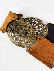 2000s Brass Filigree Medallion Leather Panel Belt - OS