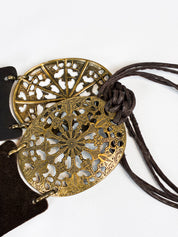 2000s Brass Filigree Medallion Leather Panel Belt - OS