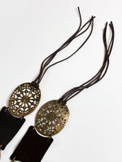 2000s Brass Filigree Medallion Leather Panel Belt - OS