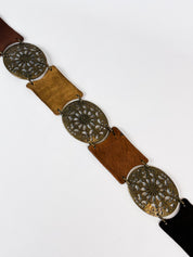 2000s Brass Filigree Medallion Leather Panel Belt - OS
