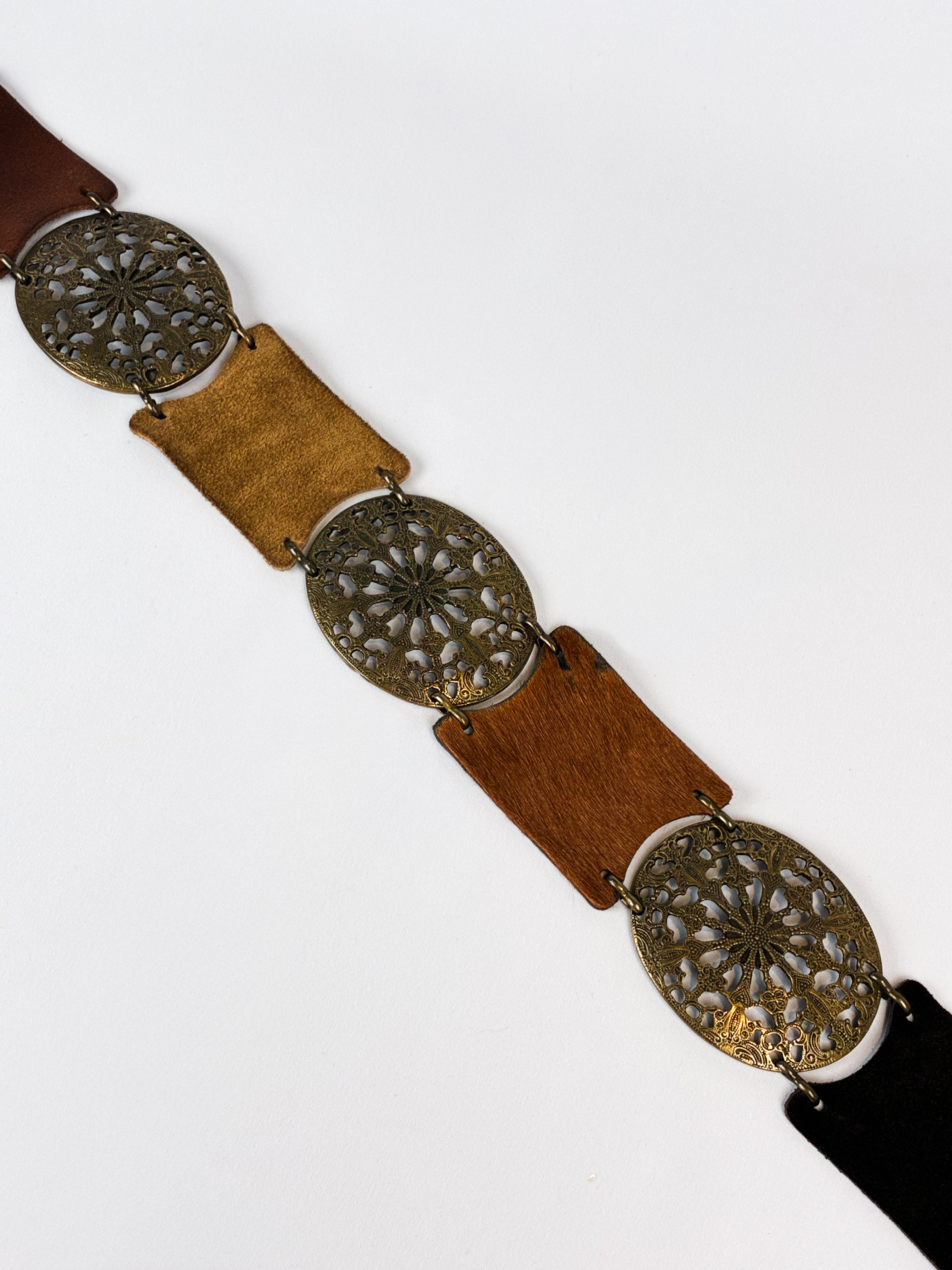 2000s Brass Filigree Medallion Leather Panel Belt - OS