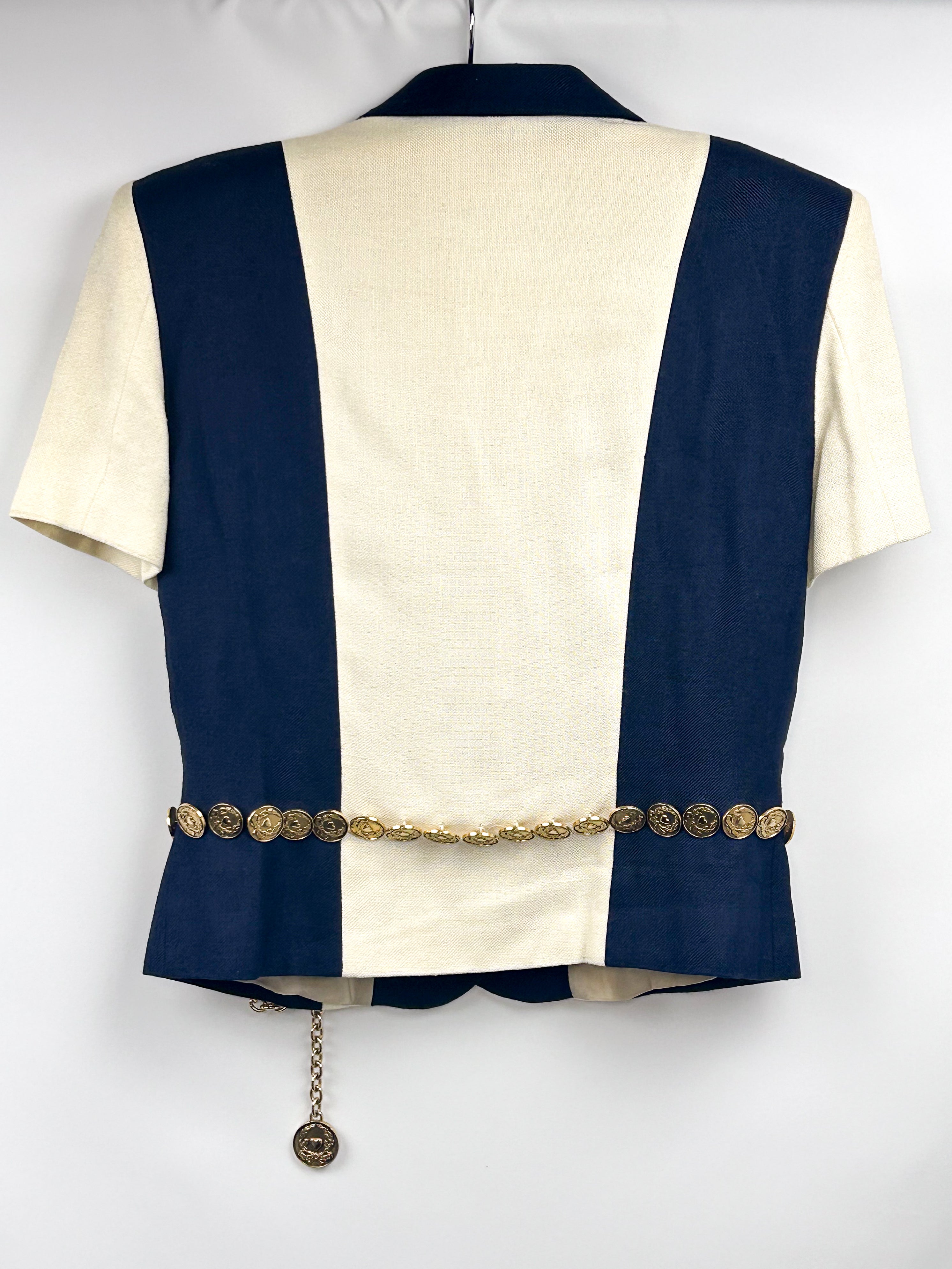 Moschino Cheap and Chic 1990s Navy & Cream Color-Block Blazer with Coin Belt - S/M